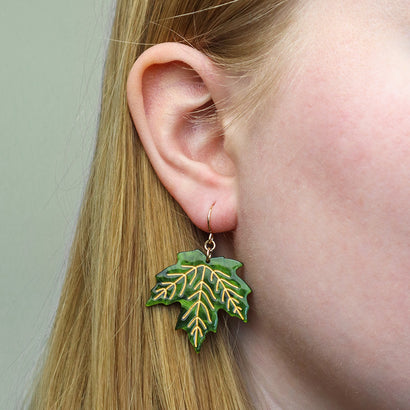 Maple Leaf Drop Earrings - Green