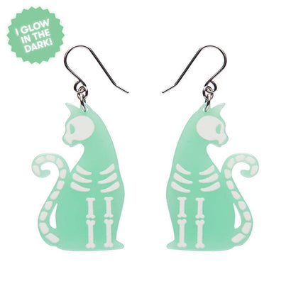 Bone Kitty Drop Earrings - Glow in the Dark  -  Erstwilder Essentials  -  Quirky Resin and Enamel Accessories