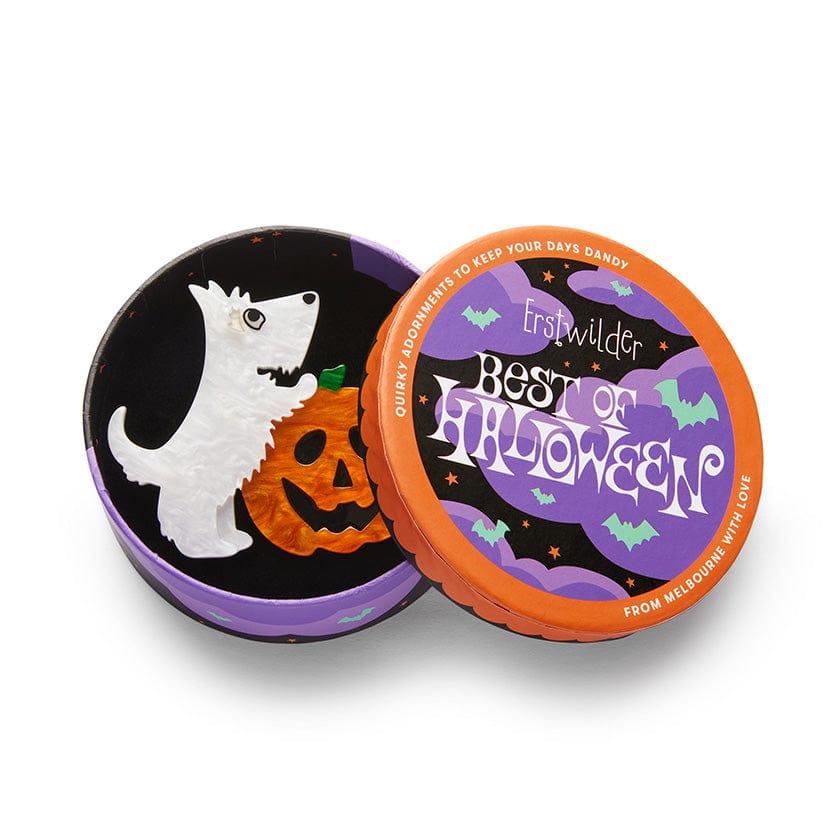 Patch the Pumpkin Pup Brooch  -  Erstwilder  -  Quirky Resin and Enamel Accessories