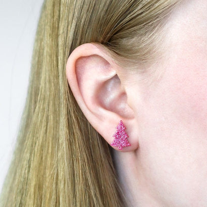 Pink Christmas Tree Stud Earrings  -  Erstwilder Essentials  -  Quirky Resin and Enamel Accessories