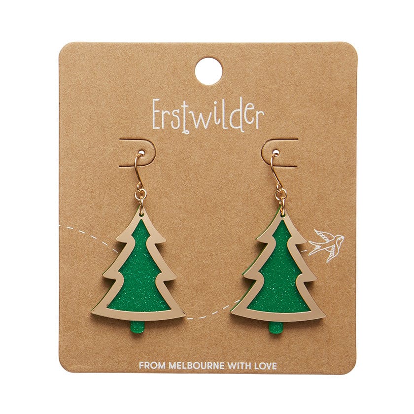 Green Christmas Tree Drop Earrings - Gold  -  Erstwilder Essentials  -  Quirky Resin and Enamel Accessories