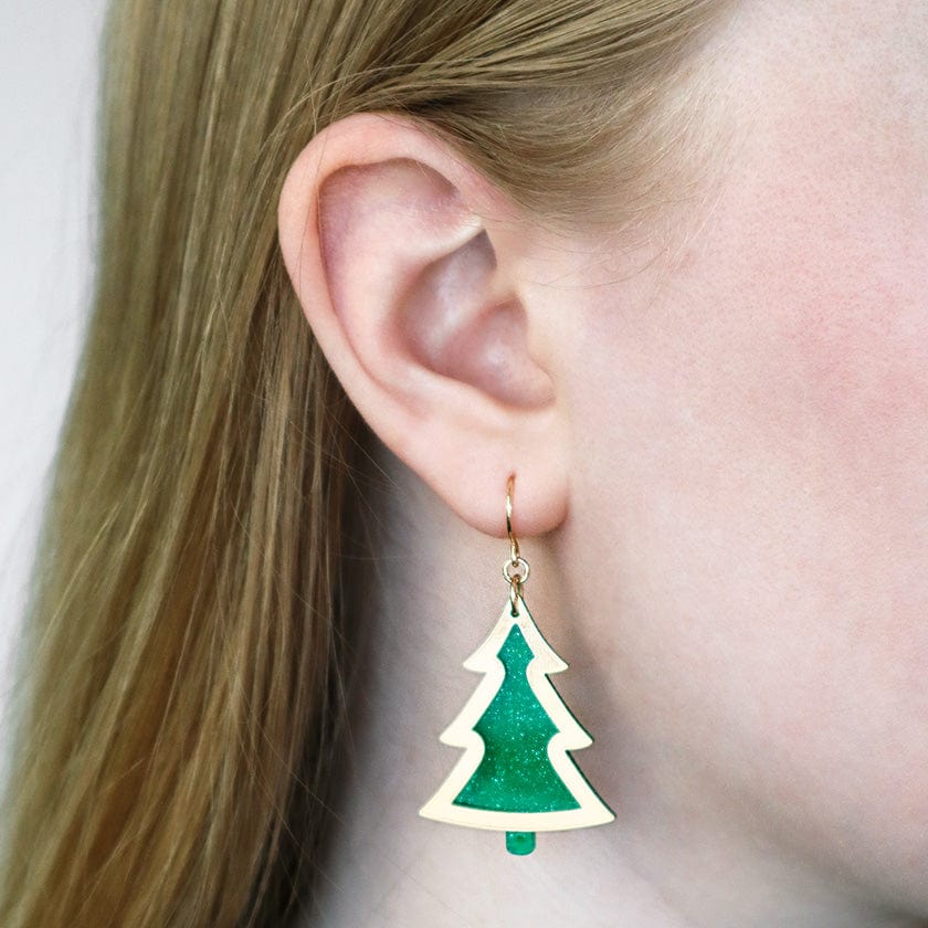 Green Christmas Tree Drop Earrings - Gold  -  Erstwilder Essentials  -  Quirky Resin and Enamel Accessories