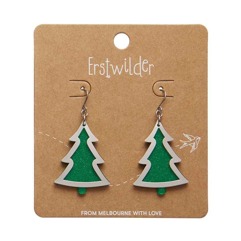 Green Christmas Tree Drop Earrings - Silver  -  Erstwilder Essentials  -  Quirky Resin and Enamel Accessories