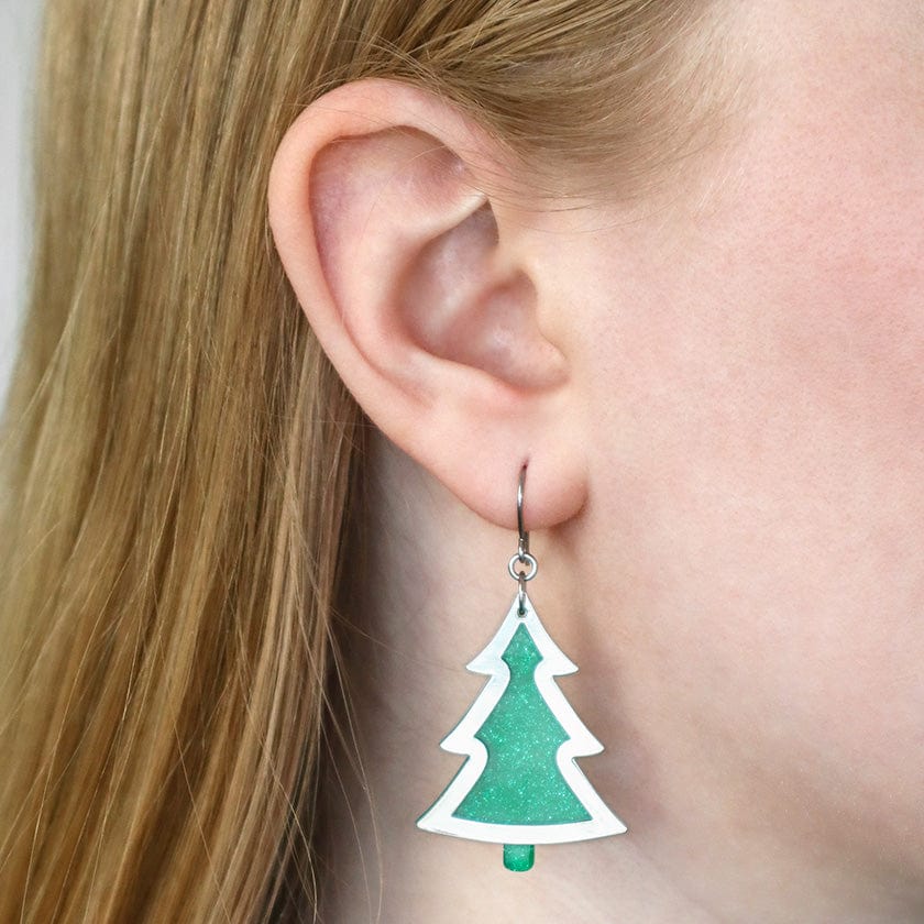 Green Christmas Tree Drop Earrings - Silver  -  Erstwilder Essentials  -  Quirky Resin and Enamel Accessories