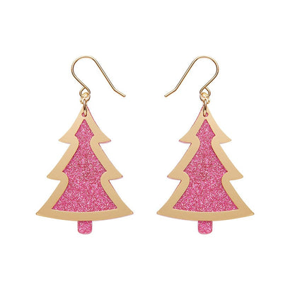 Pink Christmas Tree Drop Earrings - Gold  -  Erstwilder Essentials  -  Quirky Resin and Enamel Accessories