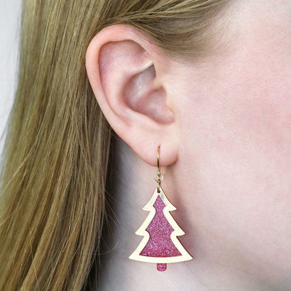 Pink Christmas Tree Drop Earrings - Gold  -  Erstwilder Essentials  -  Quirky Resin and Enamel Accessories