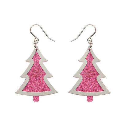 Pink Christmas Tree Drop Earrings - Silver  -  Erstwilder Essentials  -  Quirky Resin and Enamel Accessories