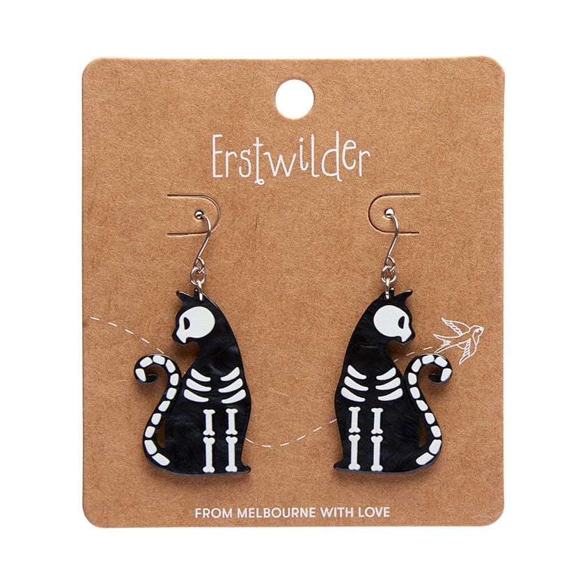 Bone Kitty Drop Earrings - Black  -  Erstwilder Essentials  -  Quirky Resin and Enamel Accessories