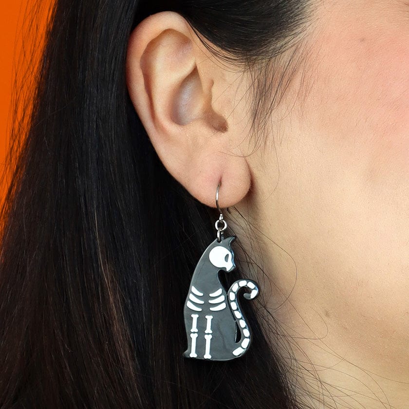 Bone Kitty Drop Earrings - Black  -  Erstwilder Essentials  -  Quirky Resin and Enamel Accessories