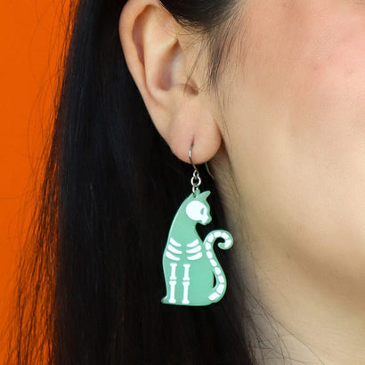 Bone Kitty Drop Earrings - Glow in the Dark  -  Erstwilder Essentials  -  Quirky Resin and Enamel Accessories