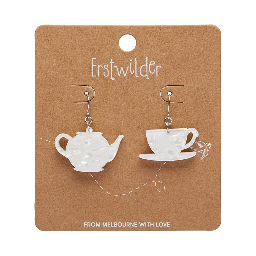 Tea Set Drop Earrings - White  -  Erstwilder Essentials  -  Quirky Resin and Enamel Accessories