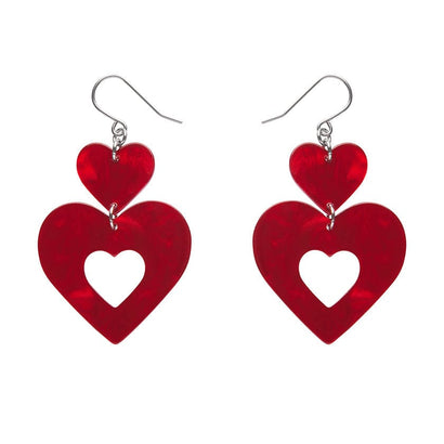 Double Heart Ripple Drop Earrings - Red  -  Erstwilder Essentials  -  Quirky Resin and Enamel Accessories