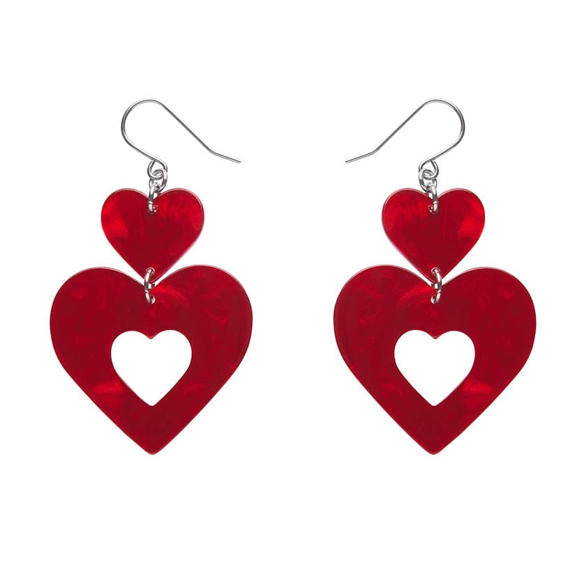 Double Heart Ripple Drop Earrings - Red  -  Erstwilder Essentials  -  Quirky Resin and Enamel Accessories