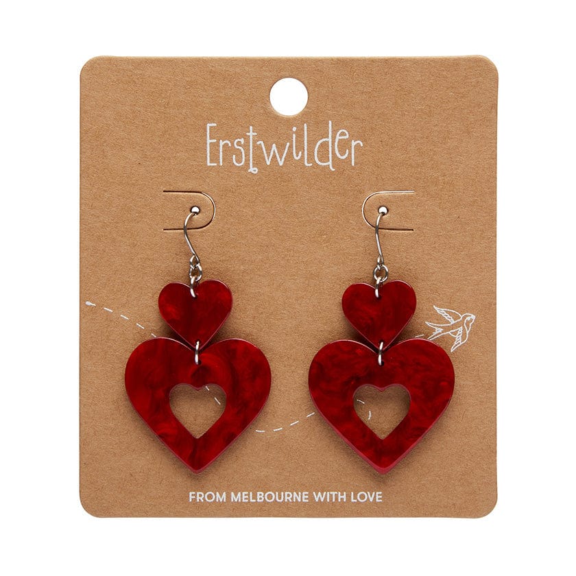 Double Heart Ripple Drop Earrings - Red  -  Erstwilder Essentials  -  Quirky Resin and Enamel Accessories