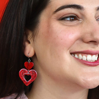 Double Heart Ripple Drop Earrings - Red  -  Erstwilder Essentials  -  Quirky Resin and Enamel Accessories